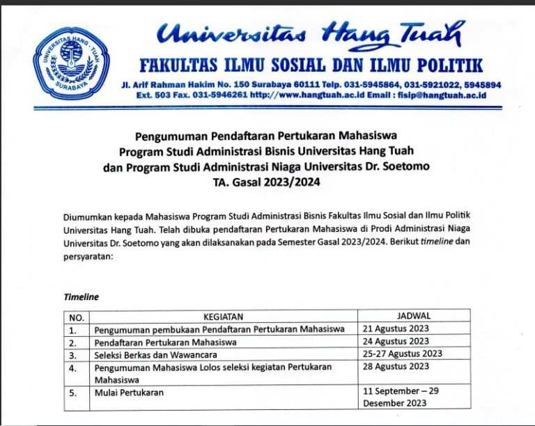 Pengumuman Pendaftaran Pertukaran Mahasiswa  Program Studi Administrasi Bisnis Universitas Hang Tuah dan Program Studi Administrasi Niaga Universitas Dr. Soetomo TA. Gasal 2023/2024